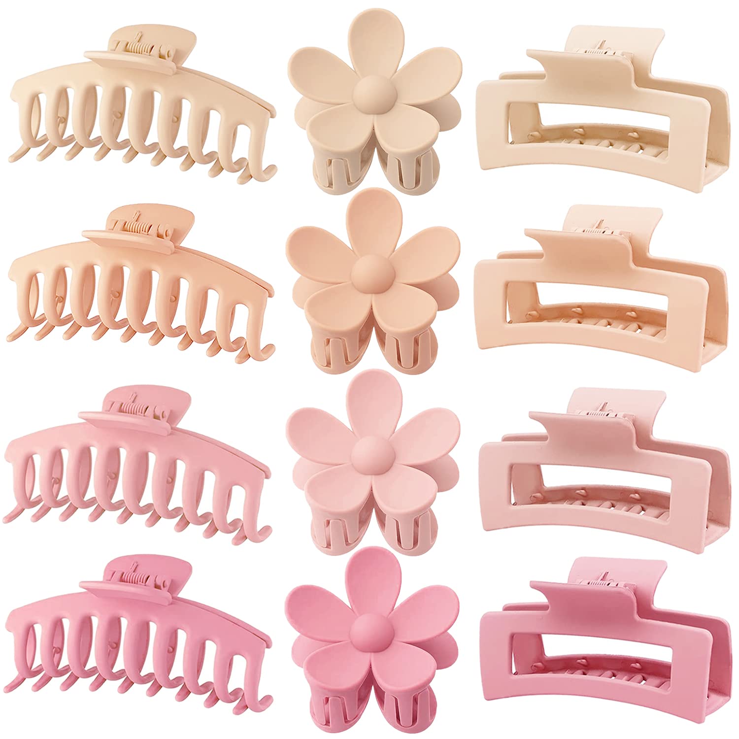 Large Hair Claw Clips 12 Pack. Flower Hair Clips for Thin Hair. Big Square Matte Strong hold for Thick Hair. 3 Styles Hair Clips for Women Thick Hair Pink Colors