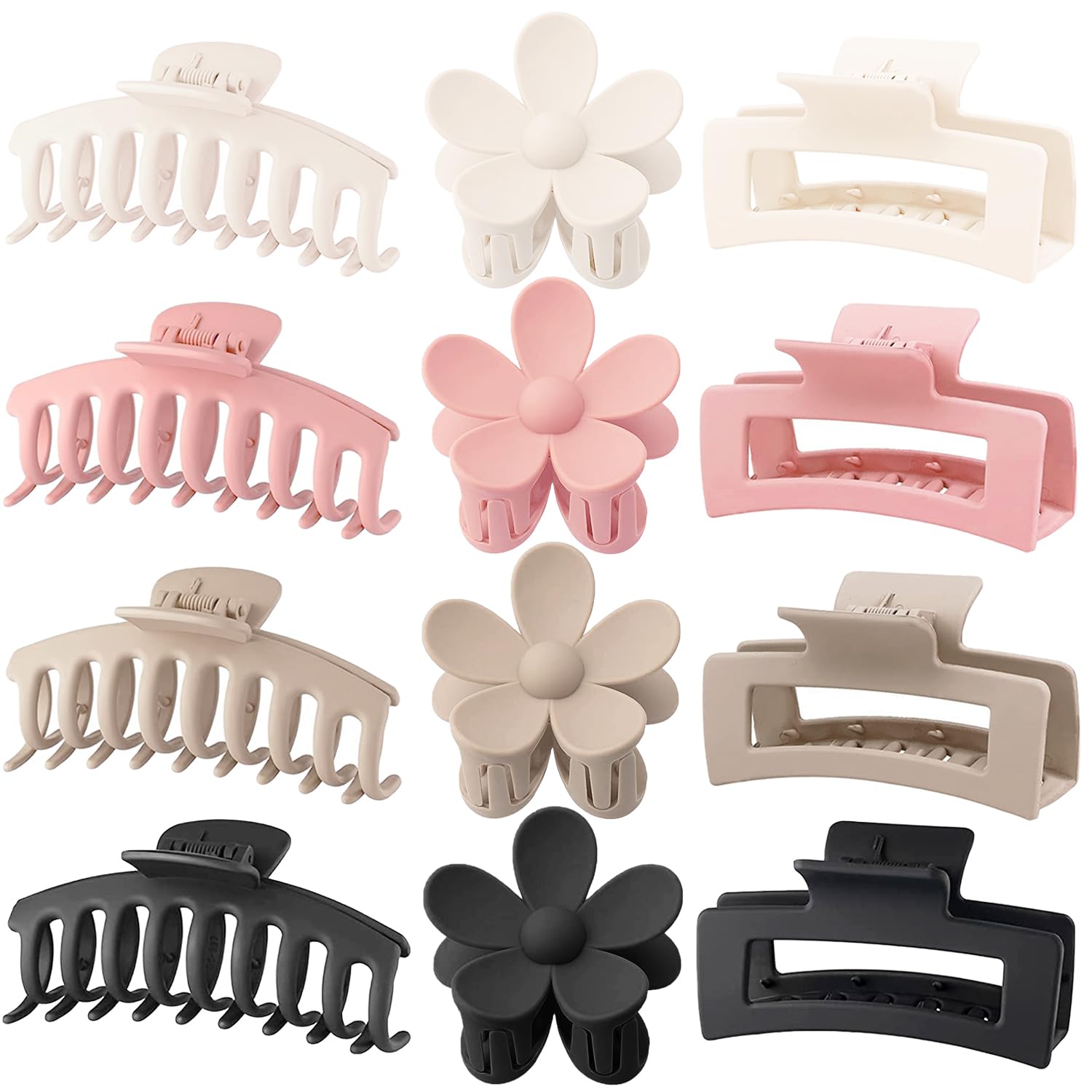 Large Hair Claw Clips 12 Pack. Flower Hair Clips for Thin Hair. Big Square Matte Strong hold for Thick Hair. 3 Styles Hair Clips for Women Thick Hair Pink Colors