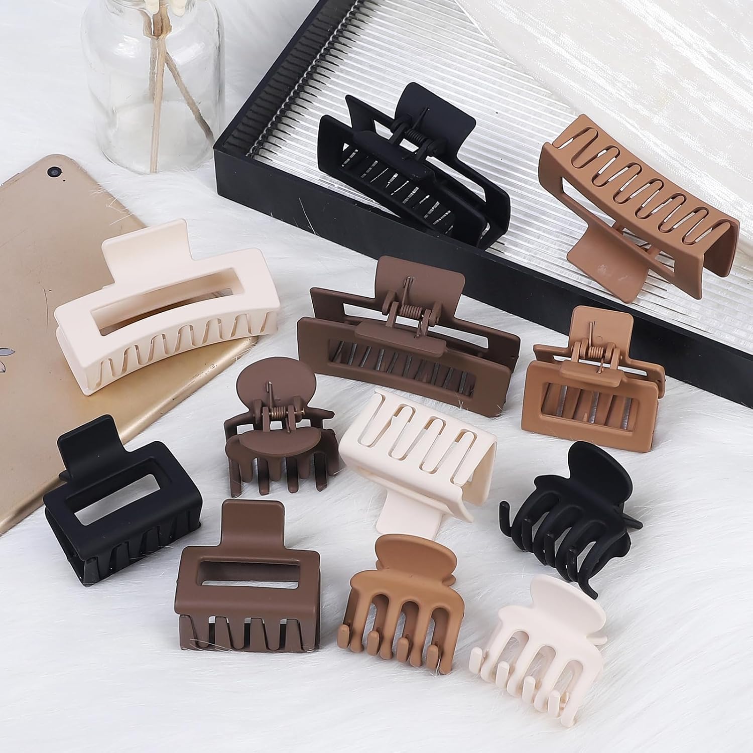 12 Pcs Hair Clips for Women 3 Styles Small Medium Large Claw Clips for Thin Thick Curly Hair. Strong Hold & Non-Slip Clips. Stylish Matte Plastic Hair Accessories Ideal Gifts for Women (Brown)